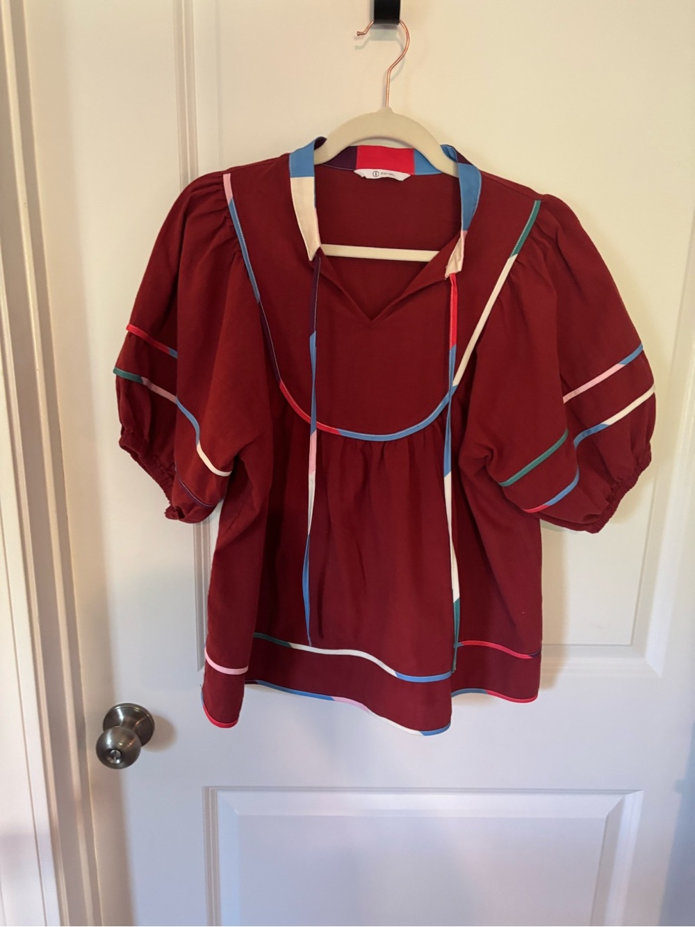 Burgundy Puff Sleeve Peasant Tunic with Multicolor Trim